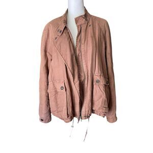 Free People XS Utility Bomber Jacket Brown Full Zip Front Cotton Linen